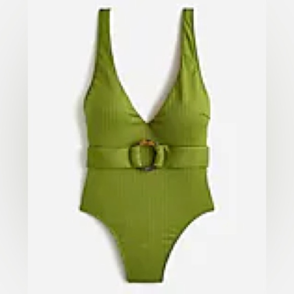 “Canteen Green” belted one piece J Crew bathing suit